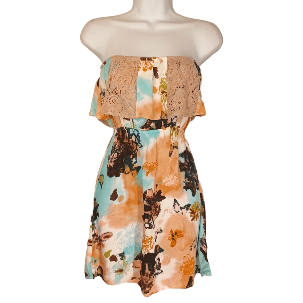 FULL TILT Brown Blue Tie Lace Ruffle Layer Strapless Tunic Top X-Small